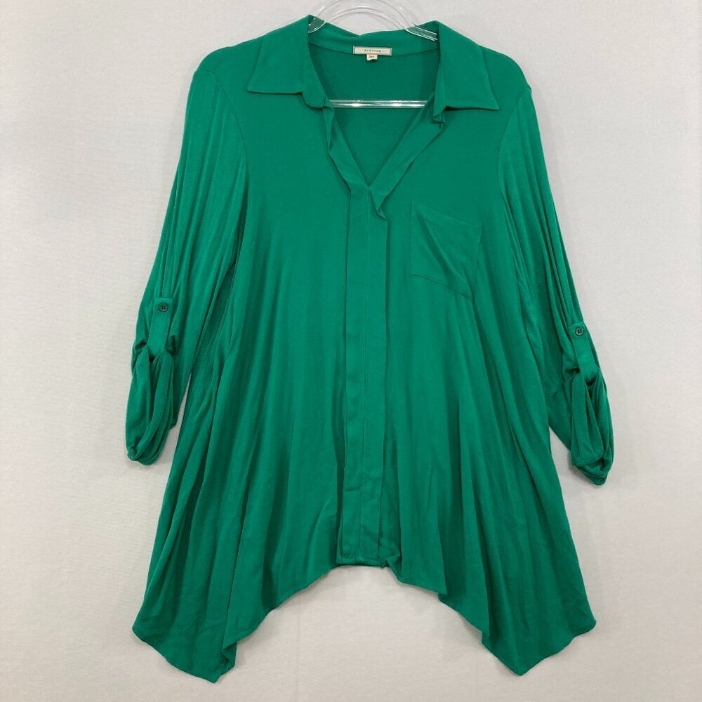 Pleione size XL Kelly Green Collar Rolled Sleeve Asymmetric Tunic Top‎ Office